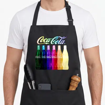 Tablier de cuisine noir avec logo Coca-Cola multicolore et six bouteilles aux teintes d'arc-en-ciel alignées horizontalement.