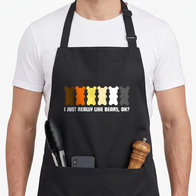 Tablier de cuisine noir avec six silhouettes d'ours colorés et le texte blanc I Just Really Like Bears, Ok.