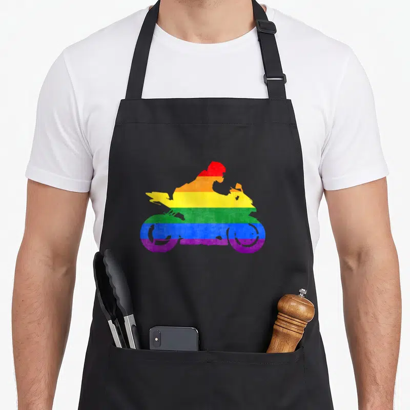 Tablier de cuisine noir avec une moto aux couleurs de l'arc-en-ciel LGBTQ