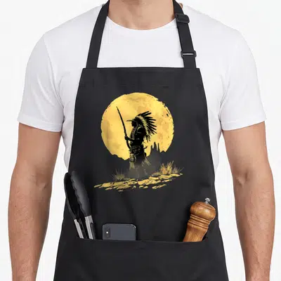Tablier de cuisine noir avec illustration d'un chef amérindien de profil face à une grande lune jaune et des herbes sèches.