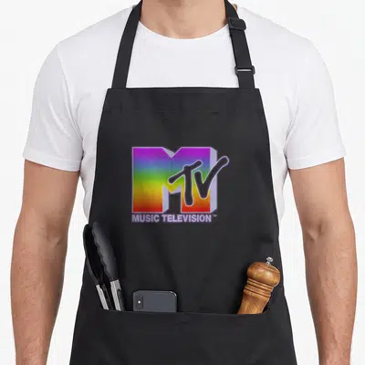 Tablier de cuisine noir avec le logo MTV aux couleurs de l'arc-en-ciel et l'inscription Music Television en bas.
