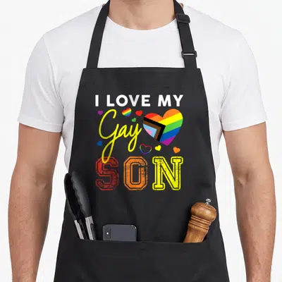 Tablier de cuisine noir avec texte J'aime mon fils gay et cœur arc-en-ciel multicolore.