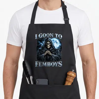 Tablier de cuisine noir avec un squelette en capuchon et le texte I goon to femboys sous une lune bleue.