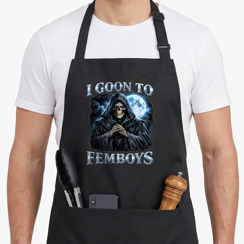 Tablier de cuisine noir avec un squelette en capuchon et le texte I goon to femboys sous une lune bleue.
