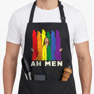 Tablier de cuisine noir avec illustration de Jésus et drapeau rainbow au dos.