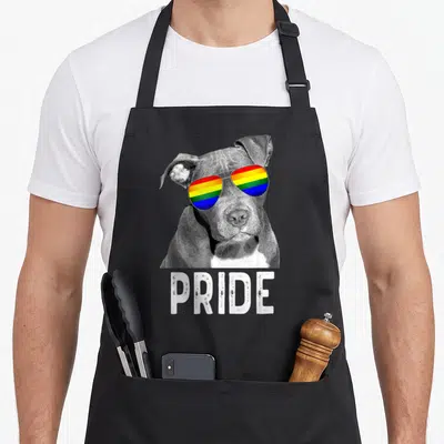 Tablier de cuisine noir avec illustration pitbull lunettes rainbow et texte PRIDE en blanc