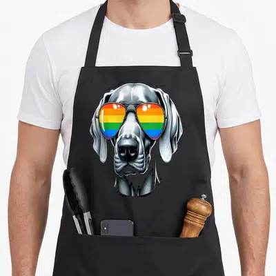 Tablier de cuisine noir avec illustration de chien Braque de Weimar en lunettes de soleil arc-en-ciel.