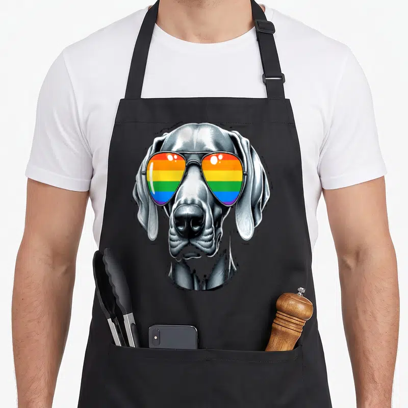 Tablier de cuisine noir avec illustration de chien Braque de Weimar en lunettes de soleil arc-en-ciel.