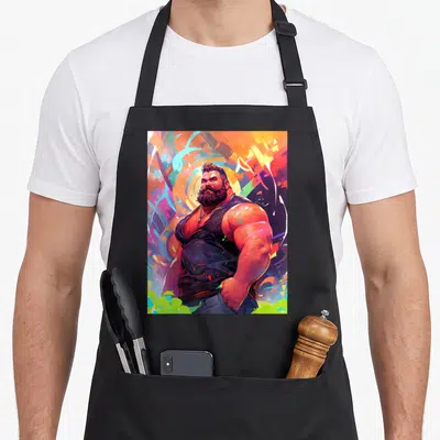 Tablier de cuisine noir avec illustration colorée d'un homme barbu musclé sur fond abstrait multicolore.