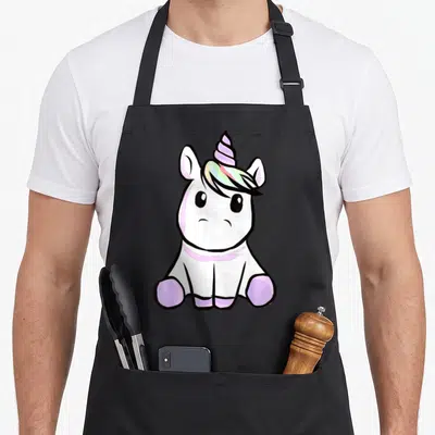 Tablier de cuisine noir avec illustration d'une licorne mignonne assise aux couleurs pastel et à la mane multicolore.