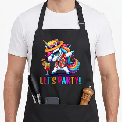 Tablier de cuisine noir avec licorne en chemise florale, chapeau et cocktail sous le texte Let's Party.