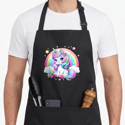 Tablier de cuisine noir avec une licorne aux cheveux multicolores assise devant un arc-en-ciel et des étoiles dorées.