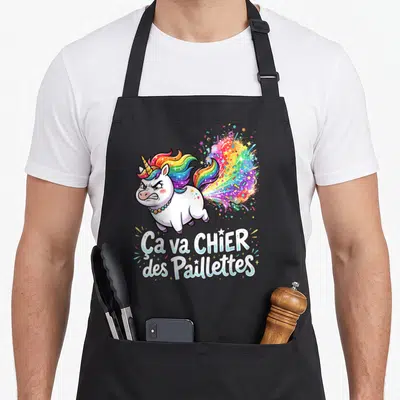Tablier de cuisine noir avec une licorne blanche aux cheveux arc-en-ciel crachant des paillettes colorées sous la phrase ça va chier des paillettes.
