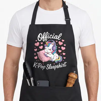 Tablier de cuisine noir avec une licorne aux cheveux colorés portant des écouteurs violettes et le mot Official en lettres blanches.