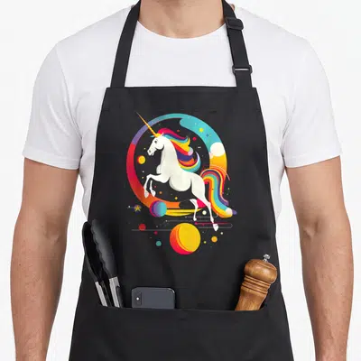 Tablier de cuisine noir avec illustration d'une licorne blanche aux cheveux multicolores et motifs géométriques spatiaux.