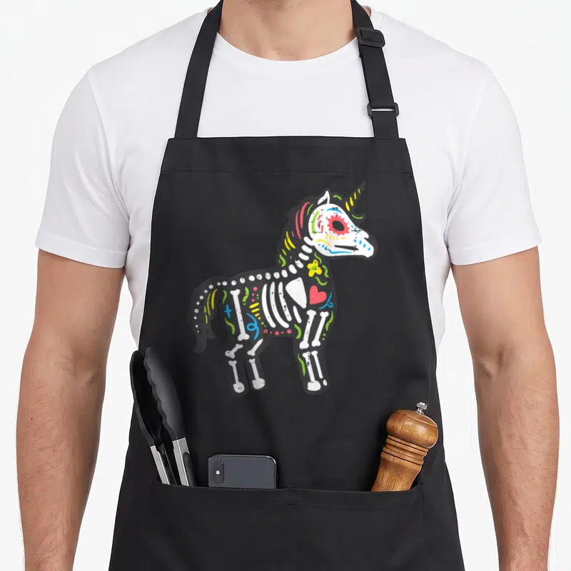 Tablier de cuisine noir avec illustration d'une licorne squelette aux couleurs vives et motifs floraux typiques du Dia De Los Muertos.