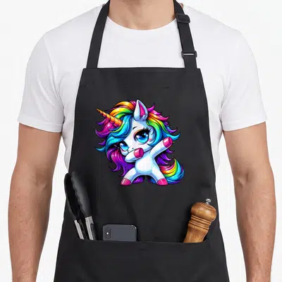 Tablier de cuisine noir avec licorne aux cheveux multicolores effectuant une pose dab stylisée.