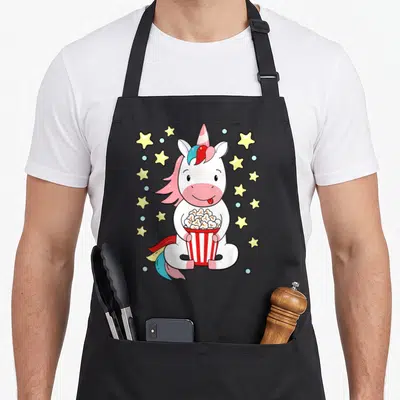 Tablier de cuisine noir avec une licorne blanchetenant un bol de popcorn rouge et blanc entourée d'étoiles jaunes et de bulles bleues.