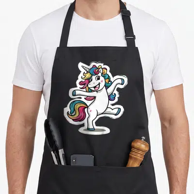 Tablier de cuisine noir avec une licone blanche dansante aux cheveux arc-en-ciel et des étoiles roses sur le corps.