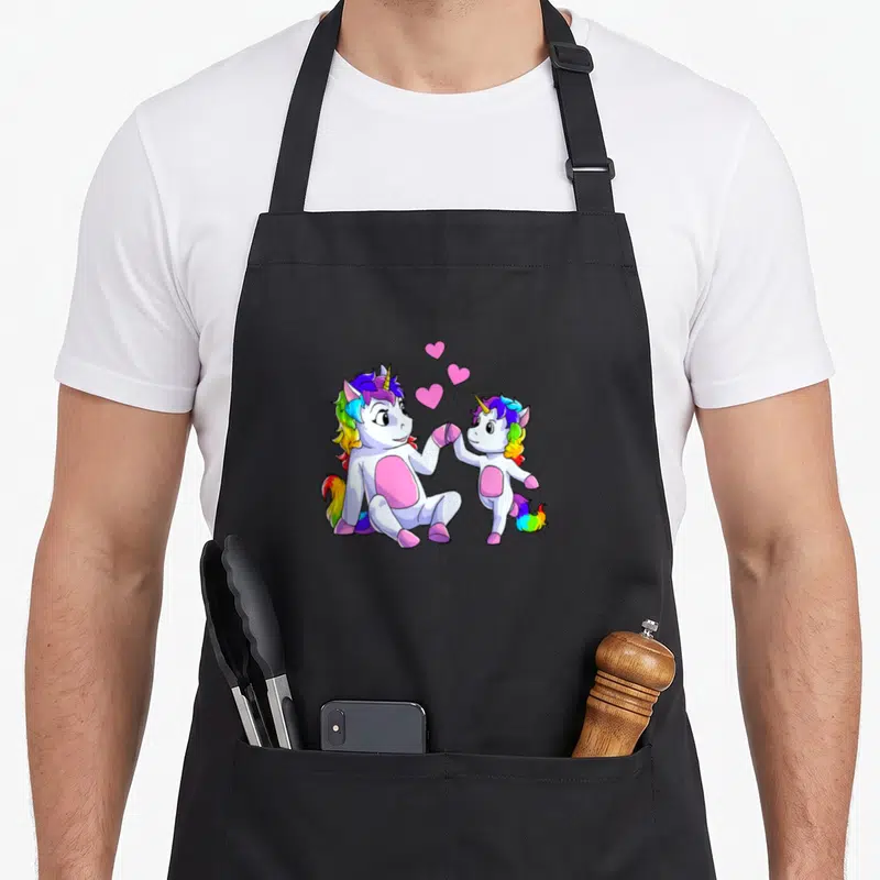 Tablier de cuisine noir avec deux poneys licornes aux crins arc-en-ciel se tenant la main sous trois cœurs roses flottants.
