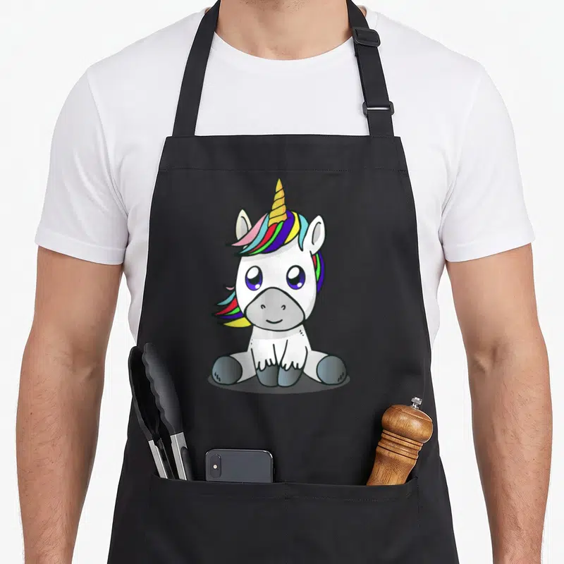 Tablier de cuisine noir avec illustration d'une licorne blanche assise au mane multicolore et grands yeux violets expressifs.