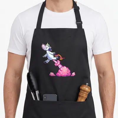 Tablier de cuisine noir avec illustration d'une licorne arc-en-ciel crachant des nuages roses scintillants.