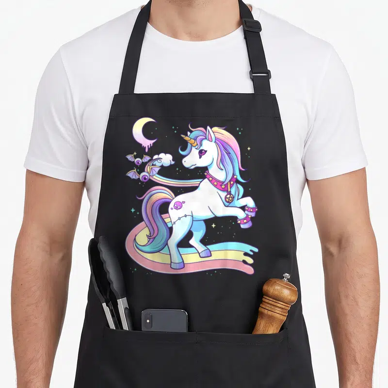 Tablier de cuisine noir avec licorne pastel goth arc-en-ciel lune et étoiles imprimées.