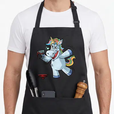 Tablier de cuisine noir avec une licorne bleue tenant un verre de vin rouge qui fuit, mane multicolore et expression joyeuse.