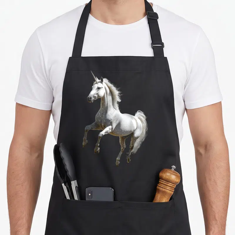 Tablier de cuisine noir avec illustration d'une licorne blanche bondissante aux étoiles sur le corps