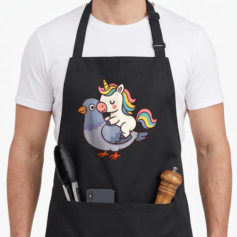 Tablier de cuisine noir avec une licorne multicolore chevauchant un pigeon gris souriant.