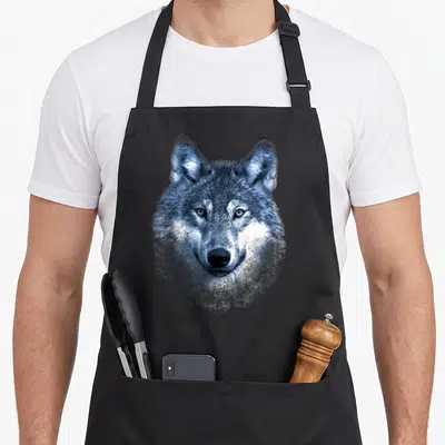 Tablier de cuisine noir avec visage portrait de loup en graphisme art aux tons bleus et effet détressé sur le bas du motif.