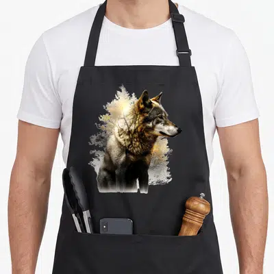 Tablier de cuisine noir avec une illustration artistique d'un loup dont le corps se transforme en arbres et feuillage aux tons dorés.