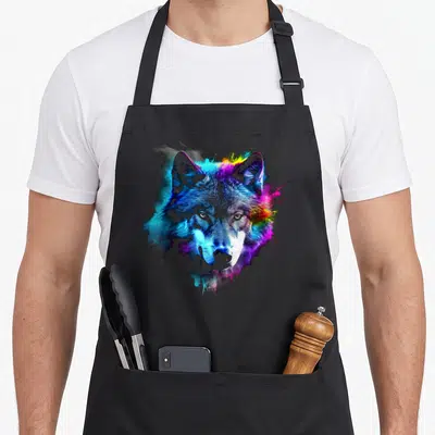 Tablier de cuisine noir avec tête de loup multicolore aux éclats de peinture bleue et violette
