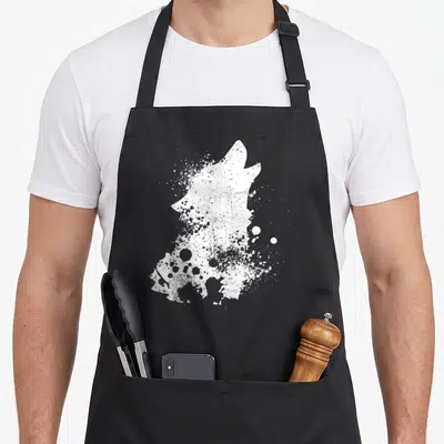 Tablier de cuisine noir avec silhouette de loup blanc en style éclaboussure et texture grunge.