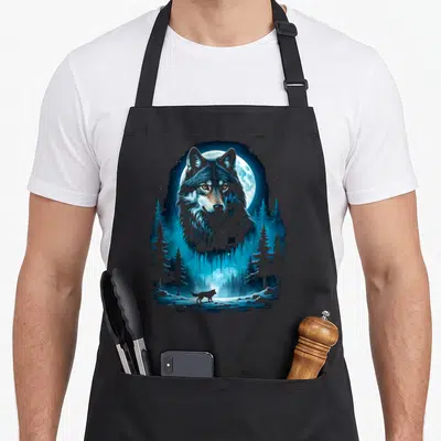 Tablier de cuisine noir avec illustration d'un loup aux yeux dorés devant une lune bleue et des arbres de forêt hivernale.