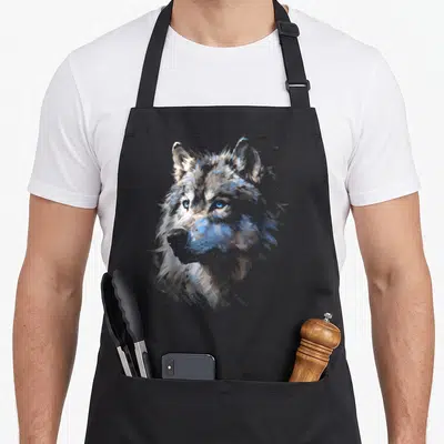 Tablier de cuisine noir avec illustration artistique d'un loup aux yeux bleus et fourrure détaillée.