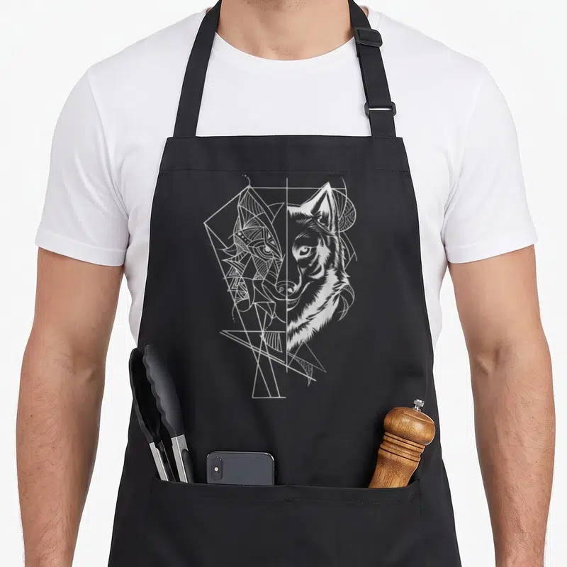 Tablier de cuisine noir avec un magnifique loup dessiné en blanc, mélange de traits géométriques et de gravure réaliste.