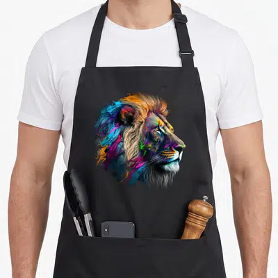 Tablier de cuisine noir avec tête de lion multicolore style peinture abstraite et traits réalistes dans la