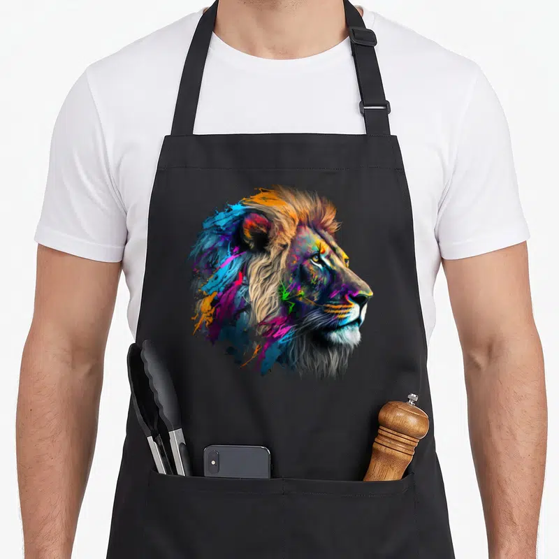 Tablier de cuisine noir avec tête de lion multicolore style peinture abstraite et traits réalistes dans la