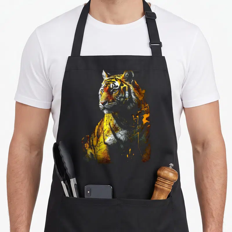 Tablier de cuisine noir avec illustration artistique d'un tige aux couleurs orangées et grises sur fond uni.