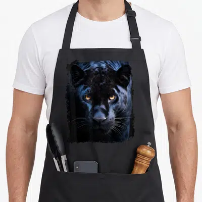 Tablier de cuisine noir avec une panthère noire aux yeux dorés et un contour texturé.