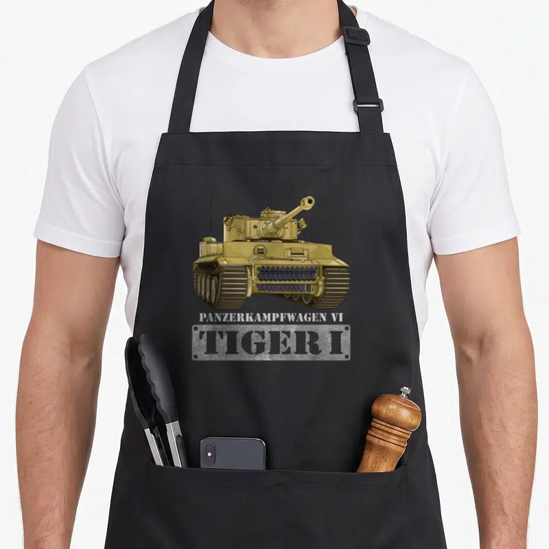Tablier de cuisine noir avec illustration détaillée d'un char Tiger et texte Panzerkampfwagen VI