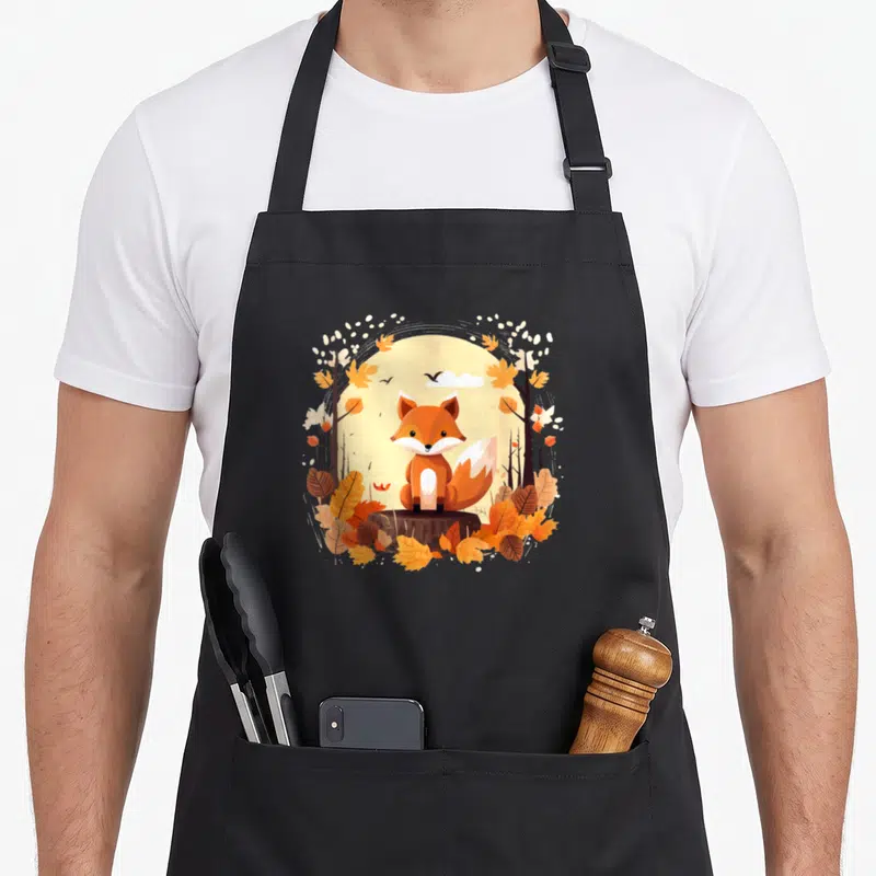 Tablier de cuisine noir avec illustration d'un renard orange assis au milieu de feuilles d'automne et d'arbres stylisés.