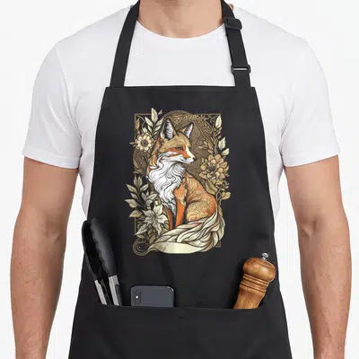 Tablier de cuisine noir avec illustration d'un renard orange et blanc entouré de fleurs dorées dans un cadre rectangulaire.