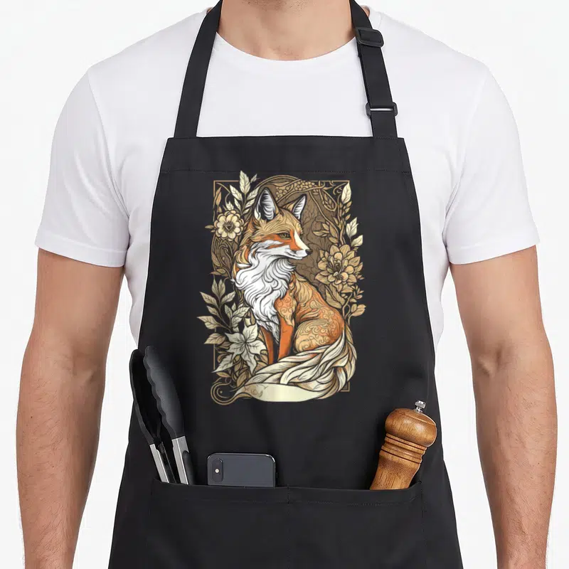 Tablier de cuisine noir avec illustration d'un renard orange et blanc entouré de fleurs dorées dans un cadre rectangulaire.