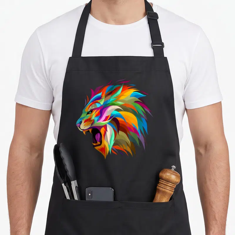 Tablier de cuisine noir avec tête de lion multicolore au design graphique abstrait et mane vibrante.
