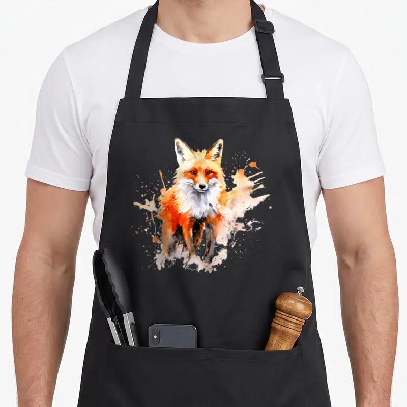Tablier de cuisine noir avec un renard peint à l'aquarelle aux teintes orangées et blanches sur fond uni.