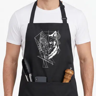 Tablier de cuisine noir avec illustration blanche d'un loup au visage scindé en motifs géométriques et traits réalistes.