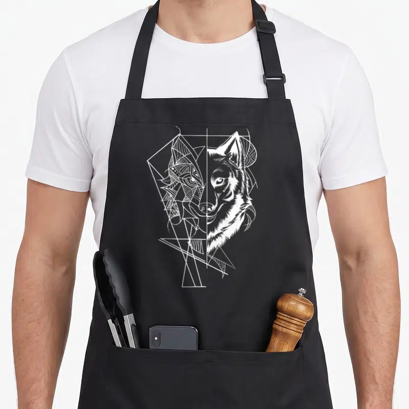 Tablier de cuisine noir avec illustration blanche d'un loup au visage scindé en motifs géométriques et traits réalistes.