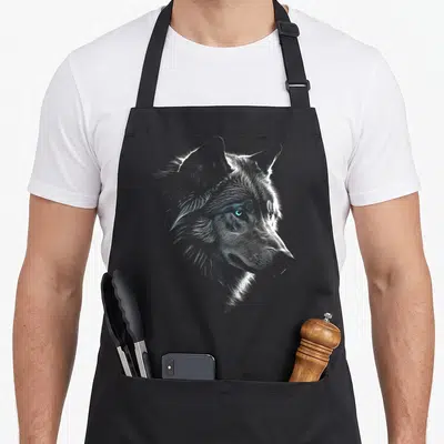 Tablier de cuisine noir avec portrait dessiné d'un loup aux yeux bleus vifs et au trait fin.